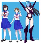  bad_id bad_pixiv_id black_hair blue_sailor_collar blue_skirt boots breasts brown_hair cosplay crossed_arms daitokuji_biko daitokuji_biko_(cosplay) eriance head_mounted_display highres kill_la_kill kiryuuin_satsuki kotobuki_shiiko kotobuki_shiiko_(cosplay) leotard long_hair magami_eiko magami_eiko_(cosplay) mankanshoku_mako mary_janes matoi_ryuuko medium_breasts multiple_girls project_a-ko sailor_collar school_uniform serafuku shoes short_hair skirt visor 