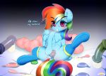  2018 absurd_res animal_genitalia animal_penis blush condom dialogue digital_media_(artwork) disembodied_penis english_text equine equine_penis female filled_condom friendship_is_magic group hi_res looking_at_viewer male mammal my_little_pony n0nnny pegasus penis pussy rainbow_dash_(mlp) solo_focus spread_legs spreading text wings 