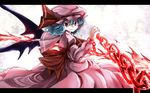  ascot bat_wings blue_hair bow chain gradient gradient_background hat hat_ribbon juliet_sleeves letterboxed long_sleeves looking_at_viewer mob_cap puffy_sleeves red_eyes remilia_scarlet ribbon short_hair skirt skirt_set smile solo spear_the_gungnir touhou waira wallpaper wings 