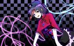  bags_under_eyes black_hair checkered checkered_background chinese_clothes dutch_angle gayprince grey_eyes hat highres jiangshi miyako_yoshika ofuda open_mouth outstretched_arms pale_skin short_hair solo star touhou zombie_pose 