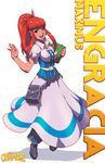  belt belt_pouch blue_eyes book boots breasts character_name corset cryamore earrings engracia_maximus jewelry large_breasts long_skirt mature orange_hair petticoat ponytail pouch puffy_short_sleeves puffy_sleeves robert_porter short_sleeves sidelocks skirt smile solo 