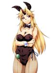  alternate_costume animal_ears bad_id bad_pixiv_id bare_shoulders between_breasts blonde_hair blush bow bowtie breasts bunny_ears bunnysuit cleavage detached_collar fishnet_pantyhose fishnets horn hoshiguma_yuugi large_breasts leotard lighter long_hair ootsuki_wataru pantyhose pointy_ears red_eyes side-tie_leotard simple_background smile solo touhou white_background wrist_cuffs 