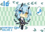  aqua_eyes arrow big_head blush bow_(weapon) character_name chibi copyright_name full_body head_tilt heterochromia horns io_(pso2) light_blue_hair looking_at_viewer milkpanda musical_note phantasy_star phantasy_star_online_2 short_hair smile solo weapon yagasuri 