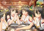  bare_shoulders black_hair blue_eyes boots breasts brown_eyes brown_hair cleavage detached_sleeves food glasses hair_ornament hairband haruna_(kantai_collection) hiei_(kantai_collection) ichikawa_feesu japanese_clothes kantai_collection kirishima_(kantai_collection) kongou_(kantai_collection) large_breasts long_hair multiple_girls nontraditional_miko okonomiyaki open_mouth plate short_hair smile 