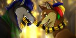  bite black_fur blue_eyes blue_fur brown_fur canine cute dog fall feathers female feral forest fur hashire hybrid icon love male mammal scarf season smile straight sunset tree tug warm wolf yellow_eyes zekestar 