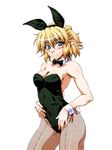  alternate_costume animal_ears bad_id bad_pixiv_id bare_shoulders between_breasts blonde_hair blush bow bowtie breasts bunny_ears bunny_tail bunnysuit cleavage detached_collar fishnet_pantyhose fishnets green_eyes large_breasts leotard lighter mizuhashi_parsee ootsuki_wataru pantyhose pointy_ears short_hair side-tie_leotard simple_background solo tail touhou white_background wrist_cuffs 