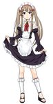  breasts brown_hair choker elf fuji_shinobu kneehighs long_hair maid maid_headdress myucel_foalan outbreak_company pointy_ears purple_eyes sandals skirt_hold small_breasts smile solo twintails 