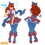 ass belt bliss_barson blue_eyes blush boots bow breasts brown_hair concept_art cryamore curly_hair dress dress_tug earrings eyeshadow hair_bow hairband jewelry long_hair makeup mole pantyhose revision robert_porter scarf smile solo striped striped_legwear vertical-striped_legwear vertical_stripes 