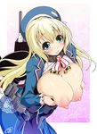  1girl atago_(kantai_collection) blonde_hair blue_eyes blush breasts breasts_outside character_request female kadokawa_shoten kantai_collection kouki_kuu long_hair looking_at_viewer nipples smile solo 