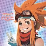  brown_eyes cryamore dated esmyrelda_maximus face freckles gloves goggles goggles_on_head grin headband jeffrey_cruz long_hair orange_hair polka_dot polka_dot_background scarf sidelocks signature smile solo spiked_hair text_focus upper_body v white_gloves 