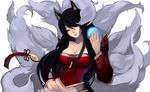  1girl ahri animal_ears bare_shoulders black_hair breasts detached_sleeves energy_ball facial_mark fox_ears fox_tail hair_over_one_eye head_tilt kyuubi large_breasts league_of_legends long_hair multiple_tails riot_games smile solo tail tassel thelittlefirefly very_long_hair watermark whisker_markings yellow_eyes 