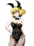  alternate_costume animal_ears bad_id bad_pixiv_id bare_shoulders between_breasts blonde_hair blush bow bowtie breasts bunny_ears bunnysuit cleavage detached_collar fishnet_pantyhose fishnets hair_bow kurodani_yamame large_breasts leotard lighter one_eye_closed ootsuki_wataru pantyhose short_hair side-tie_leotard simple_background smile solo touhou white_background wrist_cuffs yellow_eyes 