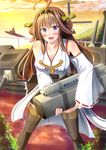  bare_shoulders boots breasts brown_hair cleavage cloud detached_sleeves hair_ornament hairband highres ichikawa_feesu kantai_collection kongou_(kantai_collection) large_breasts looking_at_viewer miniskirt nontraditional_miko pleated_skirt purple_eyes shingeki_no_kyojin ship skirt sky solo thigh_boots thighhighs three-dimensional_maneuver_gear translated watercraft zettai_ryouiki 