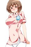  blush bra breasts brown_eyes brown_hair cowboy_shot devil_survivor_2 embarrassed frown large_breasts looking_down megami_ibunroku_devil_survivor nitta_io nurse sato_iori short_hair simple_background solo striped underwear white_background 