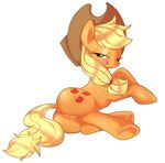  anus applejack_(mlp) blonde_hair canine cowboy_hat cutie_mark equine female feral friendship_is_magic fur green_eyes hair hat horse looking_at_viewer looking_back lying mammal my_little_pony on_side orange_fur plain_background pony pussy sion_(artist) solo tongue white_background 