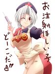  alternate_hair_length alternate_hairstyle apron breasts clothes_writing hat large_breasts looking_at_viewer nurse_cap one_eye_closed puffy_sleeves red_eyes shirt short_hair short_sleeves silver_hair simple_background skirt solo syringe touhou translated white_background yagokoro_eirin yanmarson 