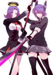  checkered checkered_neckwear fingerless_gloves glaive gloves hair_over_one_eye headgear kantai_collection kuso_bba mechanical_halo multiple_girls necktie open_mouth polearm purple_eyes purple_hair ribbon short_hair smile sword tatsuta_(kantai_collection) tenryuu_(kantai_collection) thighhighs weapon yellow_eyes 