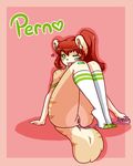  &lt;3 band-aid bandage clothed clothing cute ear_tuft feline female fur green_eyes hair half-dressed mammal one_eye_closed original_character pern piia ponytail pussy red_hair sex_toy sitting socks stripes tongue tongue_out tuft vibrator wink 