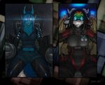  blue_hair bodysuit breasts chazore dragon duo eye_wear eyewear female glowing glowing_eyes grin gun hair horn hybrid kitara_cydonis leather long_hair mechanical mini_gun minigun ranged_weapon skinsuit smirk strype tight_suit weapon wings 