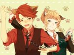  1girl animal_ears beatrice blonde_hair blue_eyes cat_ears chain collar dog_ears fangs kemonomimi_mode kouichirou necktie open_mouth paw_print pink_neckwear red_hair sleeves_rolled_up smile umineko_no_naku_koro_ni ushiromiya_battler 