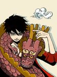  1boy 2boys black_hair dragon kozuki_momonosuke male male_focus momonosuke_(one_piece) monkey_d_luffy multiple_boys one_piece punk_hazard red_shirt shirt shoulder_perch 