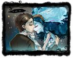  1girl black_hair blue_hair bridal_veil bride byam corpse_bride couple dress emily_(corpse_bride) flower formal hair_flower hair_ornament long_hair short_hair skeletal_arm sparkle suit undead veil victor_van_dort wedding wedding_dress wreath 