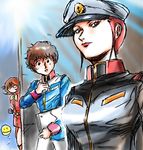  1boy 2girls amuro_ray brown_hair frau_bow gundam hat jealous matilda_ajan military military_uniform mobile_suit_gundam multiple_girls red_hair uniform zakurero 