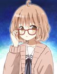  ahoge brown_eyes cardigan glasses kuriyama_mirai kyoukai_no_kanata open_mouth red-framed_eyewear ryoutan school_uniform short_hair solo 