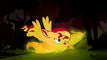  beavernator blonde_hair blue_eyes equestria_girls equine female fire flying forest friendship_is_magic grass hair hi_res horn horse mammal my_little_pony night philomena_(mlp) phoenix pony red_hair stars sunset_shimmer_(eg) tree winged_unicorn wings 