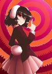  animal_ears black_hair blazer blush bunny_ears bunny_tail carrot cosplay finger_gun highres inaba_tewi jacket looking_at_viewer mazume red_eyes reisen_udongein_inaba reisen_udongein_inaba_(cosplay) short_hair skirt smile solo tail touhou 
