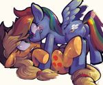  applejack_(mlp) blonde_hair blue_fur blush cutie_mark duo equine female feral friendship_is_magic fur green_eyes hair hat horse jiro lying mammal multi-colored_hair my_little_pony on_back orange_fur pegasus plain_background pony purple_eyes rainbow_dash_(mlp) tears wings yellow_fur 