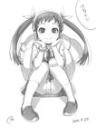  backpack bag bandaid bandaid_on_knee character_name chin_rest dated full_body greyscale hachikuji_mayoi hairband hands_on_own_face knees_together_feet_apart knees_up long_hair looking_at_viewer monochrome monogatari_(series) panties pantyshot pantyshot_(sitting) piro_(orip) ribbon signature simple_background sitting smile solo twintails underwear white_background 