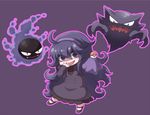  @_@ bags_under_eyes black_hair chibi dress gastly gen_1_pokemon hairband haunter hex_maniac_(pokemon) long_hair messy_hair monugaeru poke_ball pokemon pokemon_(creature) pokemon_(game) pokemon_xy purple_eyes purple_hairband 