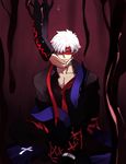  amore1989 blindfold command_spell dark_persona emiya_kiritsugu fate/zero fate_(series) hand_on_another's_face out_of_frame red_blindfold ribbon scarf solo_focus stole white_hair yellow_eyes 