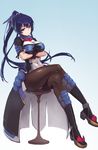  black_hair black_legwear blue_hair blush bodysuit boots breast_hold breasts crossed_arms crossed_legs fangdan_runiu fingerless_gloves gloves highres honda_futayo kyoukaisenjou_no_horizon large_breasts legs long_hair looking_at_viewer pantyhose ponytail purple_eyes sitting smile solo thighs 