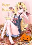  6zo bandaid bandaid_on_pussy blonde_hair doughnut fang food halloween highres long_hair monogatari_(series) oshino_shinobu pointy_ears solo wings yellow_eyes 