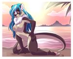  anklet anthro beach blue_hair breasts brown_fur chest_tuft claws female fur hair kneeling lapres looking_at_viewer mammal mustelid nude otter seaside solo sunset tan_fur toe_claws tongue tongue_out tuft two_tone_hair white_fur 