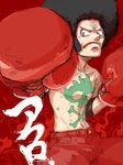  1boy afro body_paint bodypaint gloves male male_focus monkey_d_luffy one_piece red_background solo topless 