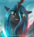  cat_eyes changeling cloud eyeshadow fangs female feral friendship_is_magic green_eyes green_hair hair horn long_hair looking_at_viewer makeup mountain my_little_pony outside portrait queen_chrysalis_(mlp) rock sky skyline19 slit_pupils solo stars 