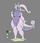  2_toes 4_fingersa anthro anthrofied barefoot blue_hair breasts chubby dragon female goo goodra green_eyes grey_background hair hi_res messy natsukis_commishes navel nintendo nipples nude open_mouth plain_background pok&#233;mon raised_arm short_hair slug solo standing thick_thighs tongue two_toes video_games voluptuous white_eyes wide_hips 