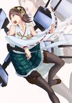  bad_id bad_pixiv_id bare_shoulders boots brown_hair detached_sleeves hairband hiei_(kantai_collection) highres japanese_clothes kaili kantai_collection nontraditional_miko pantyhose pleated_skirt ribbon-trimmed_sleeves ribbon_trim skirt solo thigh_boots thighhighs wide_sleeves 