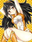  black_hair blush boots breasts checkered checkered_background earrings hairband highres hoshizora_kogane jewelry kayama_kenji large_breasts lips long_hair orange_background orange_eyes ring_dream shorts smile star wrestling_outfit 