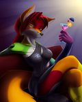  anthro beverage blue_eyes breasts canine clothing coszcatl dress drink fayt female fox fur hair long_hair looking_at_viewer mammal multicolor_fur piercing red_hair sitting smile solo 