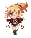  ;) bandeau blonde_hair blush boots braid chibi cutoffs denim denim_shorts fate/apocrypha fate_(series) french_braid green_eyes grin jacket jewelry long_hair midriff mordred_(fate) mordred_(fate)_(all) necklace one_eye_closed open_clothes open_jacket ponytail red_jacket red_scrunchie scrunchie shorts smile solo strapless tusia 