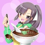  apron bad_food black_hair blush bowl chocolate daikon food hair_ribbon kami_nomi_zo_shiru_sekai ladle long_hair open_mouth pointing pointing_at_viewer ponytail purple_eyes ribbon seaweed solo soup spring_onion uemoto_sumire yuto_(dialique) 