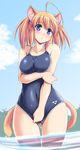  ahoge animal_ears blue_eyes blue_sky blush breasts brown_hair cat_ears cat_tail cloud competition_school_swimsuit covered_navel day large_breasts one-piece_swimsuit original pudding_(tonpuu) short_hair sky solo swimsuit tail tonpuu triforce wading water 