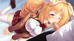  1boy 1girl blonde_hair censored ch@r char cosmic_cute fellatio game_cg gleam_garden_no_shoujo koizuka_wakaba long_hair oral penis school_uniform skirt thighhighs 