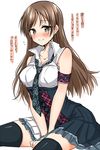  armband black_legwear blush breasts brown_eyes brown_hair idolmaster idolmaster_cinderella_girls long_hair looking_at_viewer medium_breasts necktie nitta_minami sleeveless smile solo thighhighs translated tsukudani_norio v_arms zettai_ryouiki 