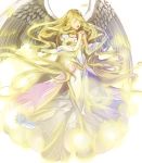  1girl bangs blonde_hair breasts dress eyes_closed feathered_wings feathers fire_emblem fire_emblem:_akatsuki_no_megami fire_emblem_heroes full_body hand_up highres leanne long_dress long_hair long_sleeves medium_breasts nintendo official_art puffy_sleeves shiny shiny_hair transparent_background very_long_hair white_dress wide_sleeves wings 