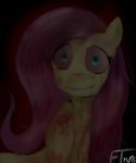  arunescape black_background blood creepy crying cyan_eyes dark equine female feral fluttershy_(mlp) friendship_is_magic fur hair horse long_hair looking_at_viewer mammal my_little_pony pink_hair plain_background pony sad signature smile solo yellow_fur 